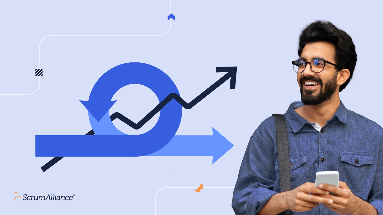 A Scrum Alliance graphic showing a businessman and the concept of an iterative agile cycle